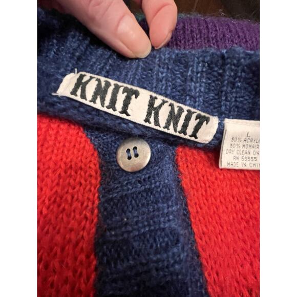 VTG "KNIT KNIT" Wide Multi Striped Mohair Blend Long Cardigan Sweater Size Large - Picture 4 of 5